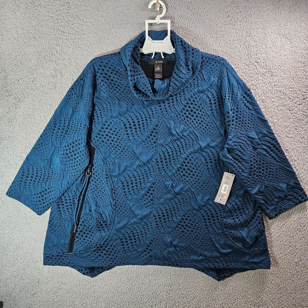 $74 NEW Ali Miles Top Women 2X Turtle Neck Stretch Polka Dot Dark Teal Blue
